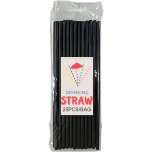 A pack of black disposable 3-ply straight drinking paper straws in clear packaging, featuring a label.