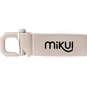 A silver flash drive with a unique design and a logo on one side, featuring a clip for easy attachment.