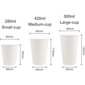 Three sizes of white PLA single wall compostable paper cups displayed, alongside their respective measurements.