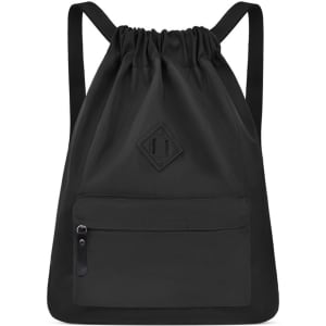 A black lightweight drawstring backpack with a front zip pocket and a logo patch.
