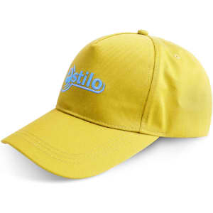 A yellow cap with a curved brim and a logo on the front. The design features a structured crown.