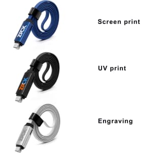 A 60W Long 3-In-1 Charging Cable in blue, black, and grey, featuring different printing options and a logo.