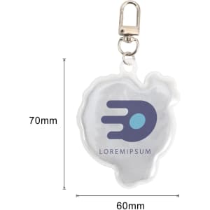 A custom-shaped reflective keychain in clear material with a logo, measuring 70mm by 60mm.