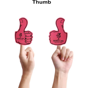A pair of pink foam mitts shaped like thumbs held up by hands, featuring a logo.