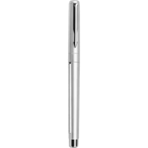 A silver pen with a shiny finish, featuring a clip and a slim design. It has a logo on the side.
