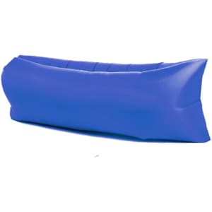 A blue inflatable lazy bed with a smooth surface and a simple design, featuring a logo on the side.