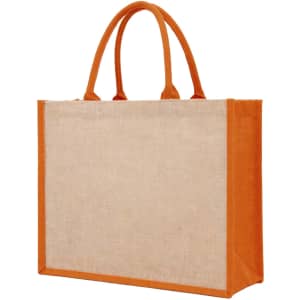 A jute tote bag featuring orange accents and handles with a natural-coloured body. It includes a logo.