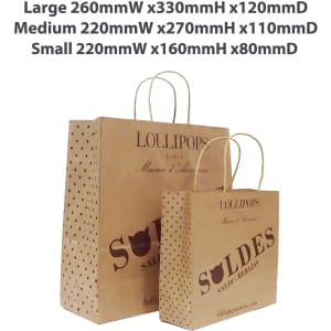 A kraft paper bag with a twisted handle, sized 220x270x110mm, displaying a logo and polka dot design.