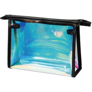 A transparent, iridescent travel cosmetic bag with a black trim and a structured design.