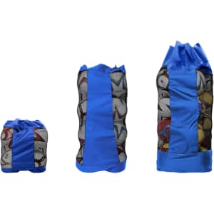 A set of three drawstring mesh ball bags featuring a blue exterior and transparent mesh sections displaying various patterns inside.