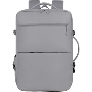 A grey expandable travel backpack with multiple compartments and a side handle, featuring a logo.