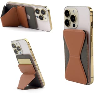 A PU MagSafe phone stand card holder in brown and grey, attached to a smartphone, showcasing multiple angles.