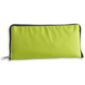 A vibrant green foldable tote bag with a zip closure, featuring a logo on one side.