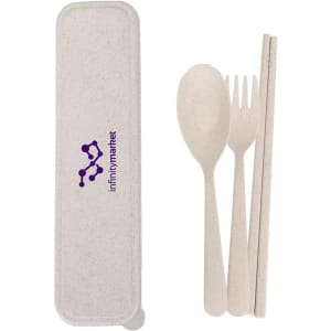 A portable utensil set in a light-coloured case, featuring a spoon, fork, and chopsticks, alongside a logo.