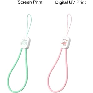 A green and a pink charging phone strap with a logo on each, featuring different print designs.