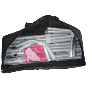 A black bag containing various grey poles and components for a tension fabric display wall.