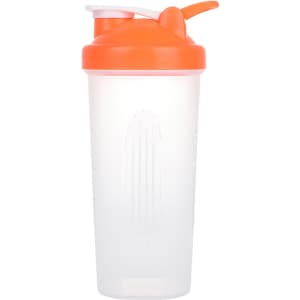 A drink bottle featuring a clear body and an orange lid, designed as a BPA-free fitness shaker with a loop.