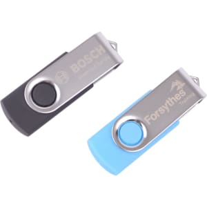 A pair of flash drives in black and light blue, featuring a swivel design and logos on their surfaces.