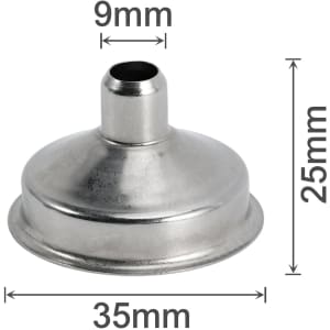 A stainless steel mini funnel in a silver finish with dimensions measuring 35mm in diameter and 25mm in height.