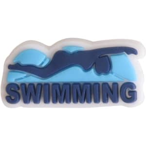 A blue and white charm featuring a swimmer with the word "SWIMMING" underneath. It has a logo on it.