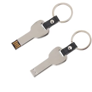 A silver key-shaped flash drive with a black leather keyring attachment. It features a logo on the side.