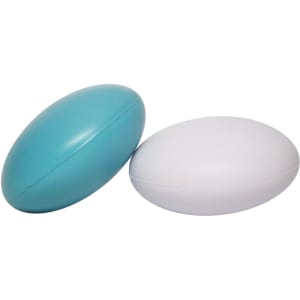A tablet-shaped stress reliever in teal and white, featuring a smooth, rounded design. It has a logo on one side.