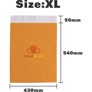 An extra large biodegradable mailer bag in orange with a white peel-and-seal flap and a logo.