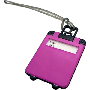 A pink ABS luggage tag with a transparent section for personal information and a clear attachment loop.