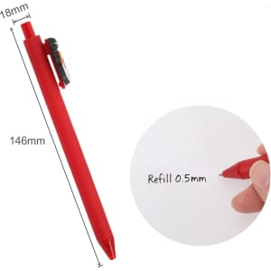 A red custom PVC pen with a clip, measuring 146mm in length and 18mm in diameter. It has a refillable 0.5mm tip.
