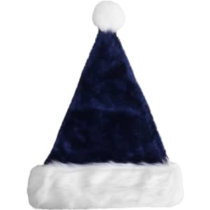 A plush blue Santa hat with a white fur trim and a pom-pom on top.