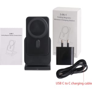 A black 3-in-1 power bank charging station with a wireless charger, USB-C cable, and packaging.