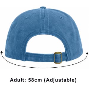 A blue 6 panel vintage washed baseball cap with an adjustable strap and a metal buckle at the back.