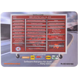 A mouse mat featuring a colourful design with various categories and a logo, primarily in red and grey tones.