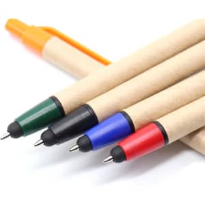 A set of four stylus pens with different colours: black, blue, red, and green, with an orange cap on top.