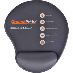 A grey mouse mat with a wrist pad, featuring a logo and various icons related to company values.
