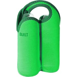 A drink bottle cooler in bright green, featuring a snap handle and accommodating two bottles. It has a logo on the side.