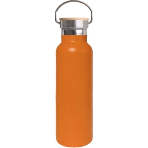 A drink bottle in vibrant orange with a bamboo lid and metal loop handle, featuring a stainless steel body.