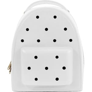 A white backpack with black polka dots and a front pocket, featuring a handle on top and a zipper closure.