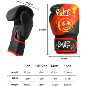Adult training boxing gloves in black with red accents and a graphic design. Features measurements for various sizes.
