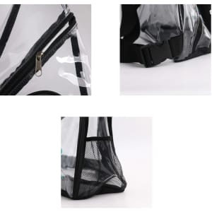 A clear PVC sling bag features a black zip, adjustable strap, and mesh pocket on the side.
