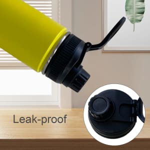 A drink bottle in vibrant yellow with a black lid and carry handle, featuring a leak-proof design.