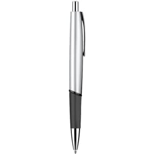 A silver and black plastic pen with a sleek design and a clip for easy attachment. It has a branding logo.