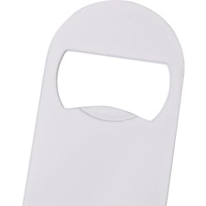 A drink bottle opener in white with a circular design and a branded logo. Ideal for keyrings and tools.