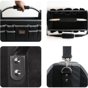 A black tool carrier bag with multiple pockets, a handle, and metal attachments, showcasing various angles and details.