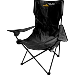 A large, foldable portable camping chair in black with armrests and a logo on the backrest.
