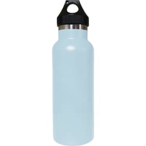A drink bottle in light blue with a stainless steel base and a black lid, featuring a logo.