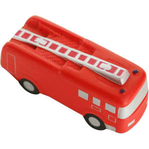 A red fire truck-shaped stress reliever with silver detailing and a ladder design on top.