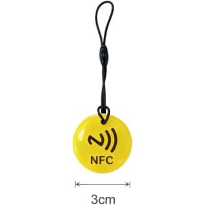A yellow NFC epoxy round tag with a black logo and attached strap, measuring 3 cm in diameter.