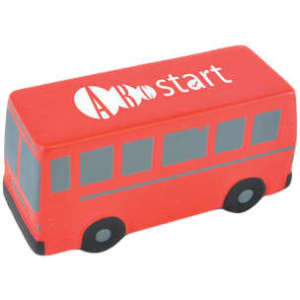 A red bus-shaped stress reliever with grey details and a logo on top. Suitable for fun and games.