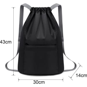A black drawstring backpack with grey straps, featuring a front pocket, dimensions 43cm x 30cm x 14cm.